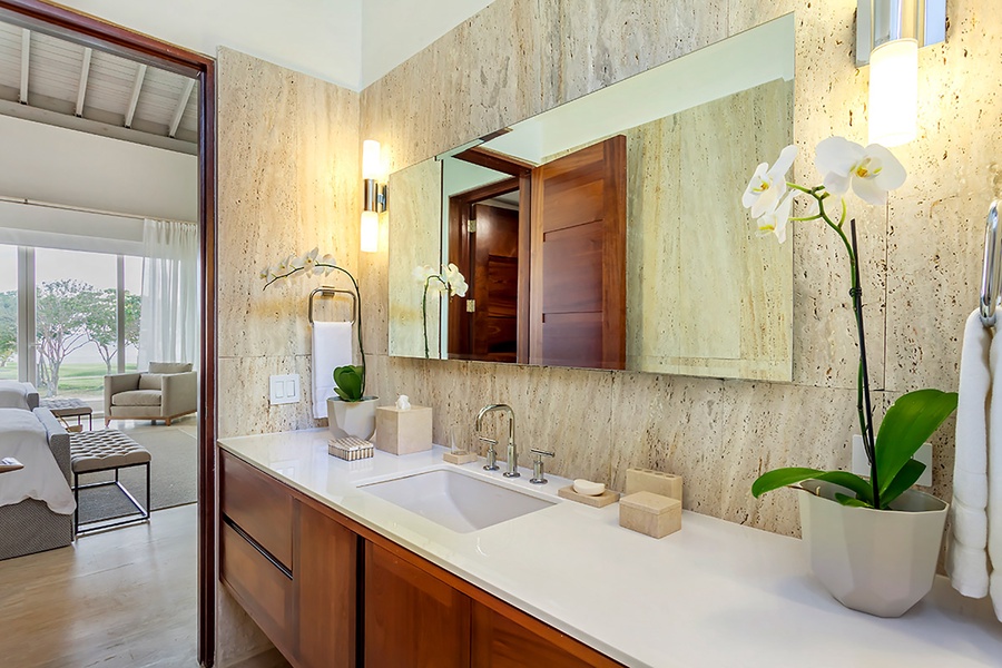 The expansive ensuite bathroom has dual vanities and separate shower.