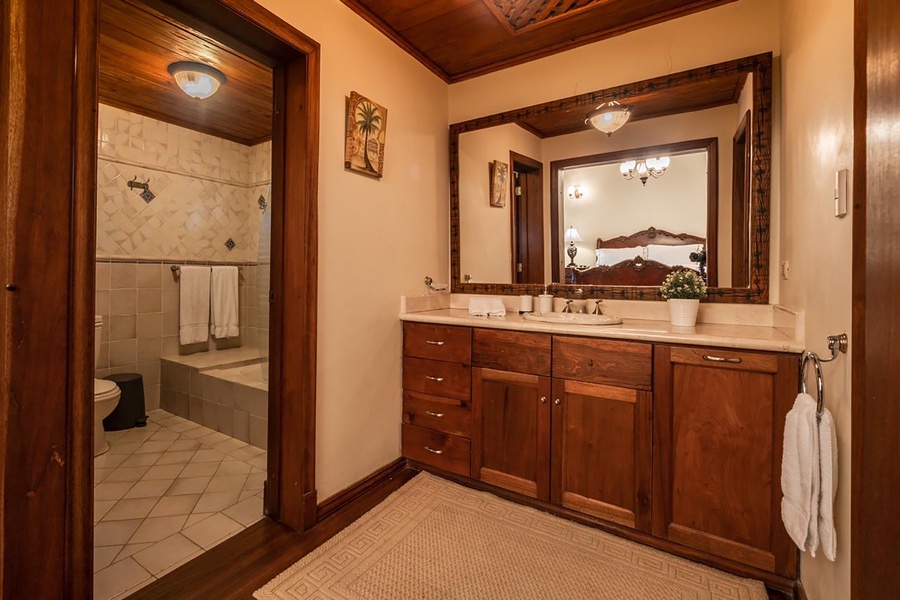 Full ensuite bath with a sink, wooden cabinetry, and a large vanity.
