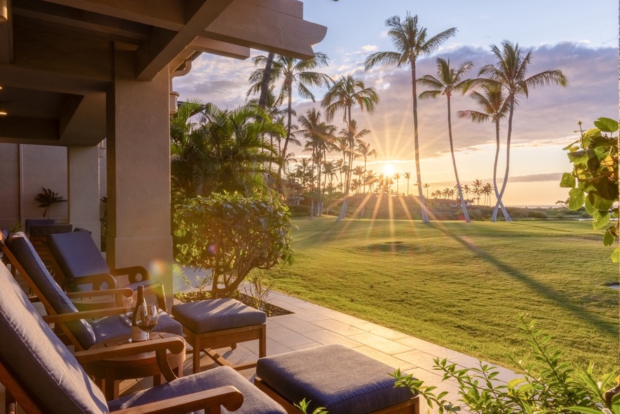 Golf course view from your lanai at sunset.