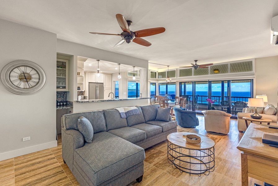 Stylish tile flooring throughout the first floor of the home