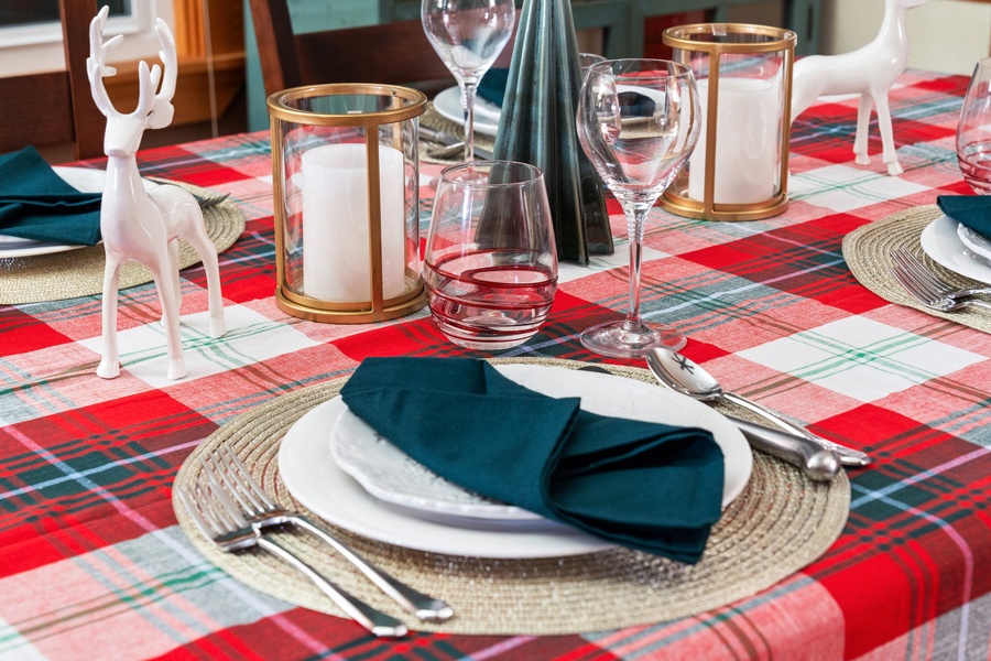 Close-up of festive tableware and decor, capturing the holiday spirit.