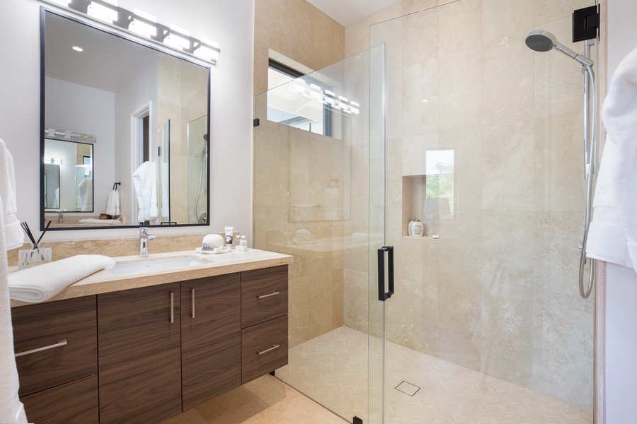 Third bedroom ensuite with a walk-in shower in a glass enclosure