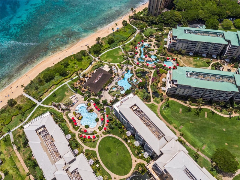 An aerial view showcasing the lush resort grounds and beach access.