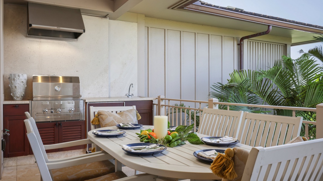 The upper ocean lanai with BBQ grill and table for six.