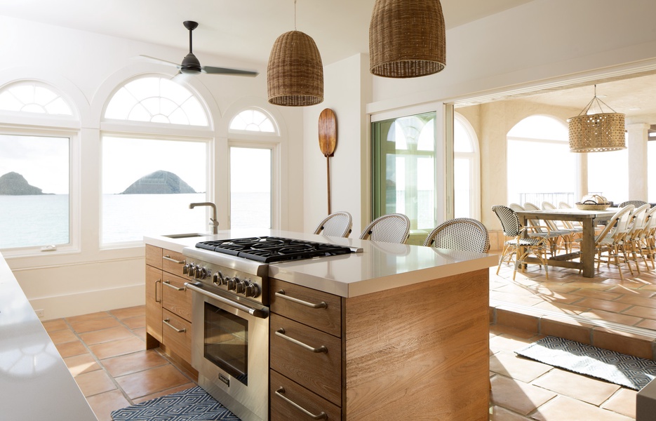 Modern and classic styles meet in this kitchen with a view.