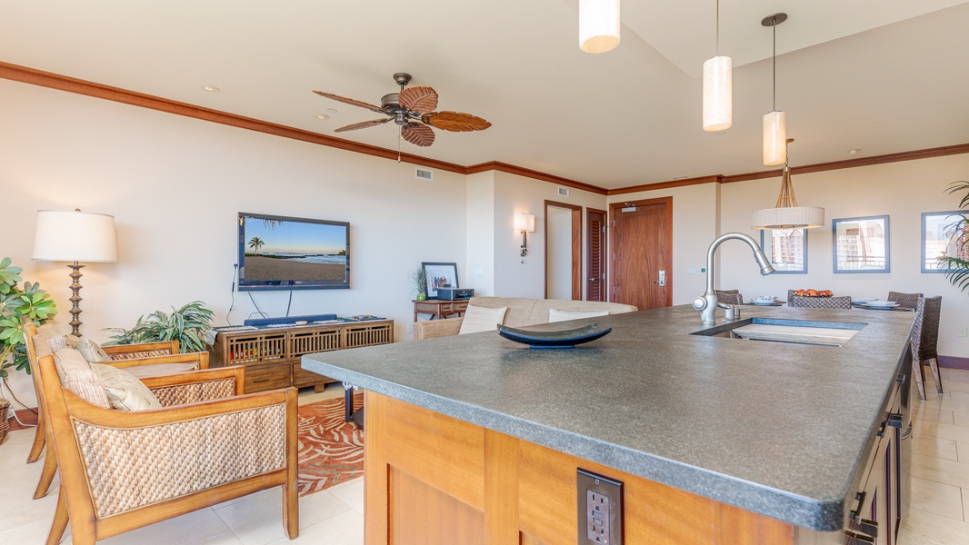 Cozy up in the living room with flat-screen TV and modern comforts—perfect for unwinding after a day at the lagoons.