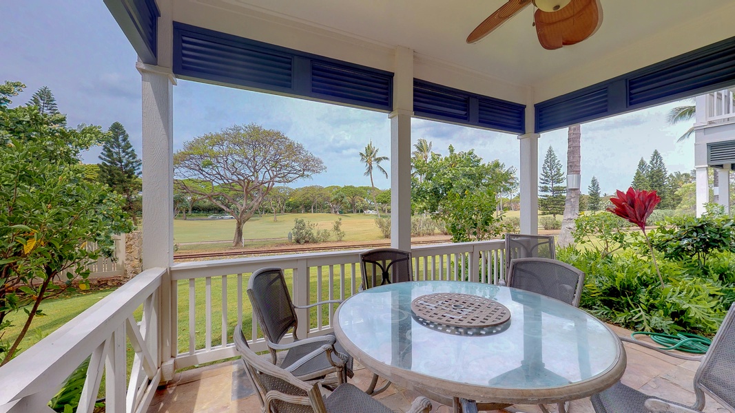 Dine on the lanai with golf course views.