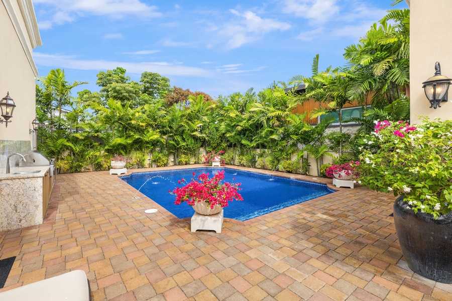 Private pool flanked by vibrant tropical flowers.