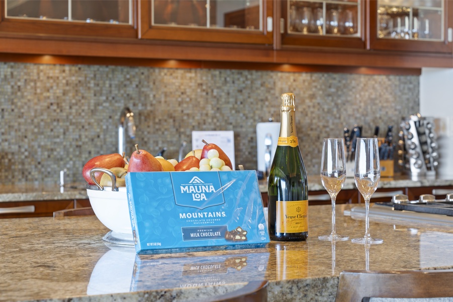 Celebrate your stay at Wailea Luxury Residence Hoolei 23-3 with champagne and local treats.