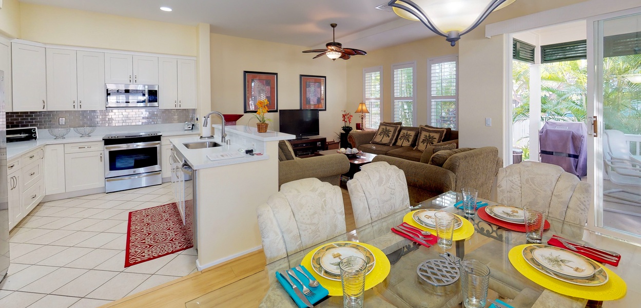 Expansive space includes the kitchen, living and dining areas.