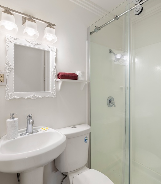 Clean and bright, this full bathroom features a walk-in shower and updated finishes—just steps from the main living and guest rooms.