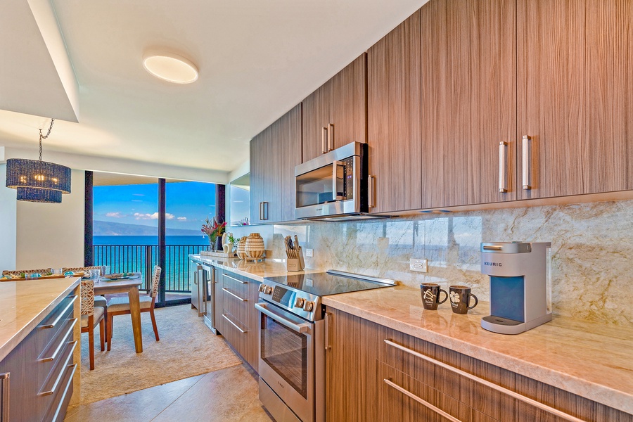 Cook with ease in this modern kitchen, all while taking in the breathtaking ocean views.