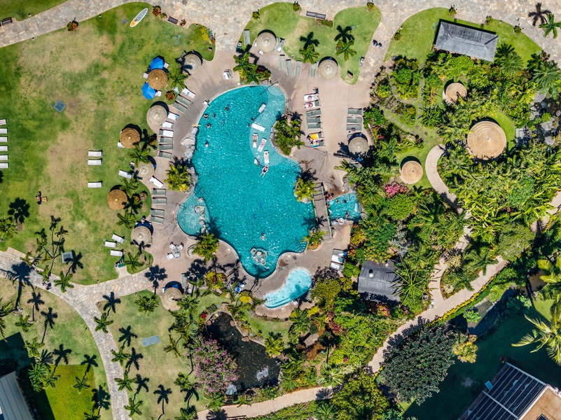 Aerial of one of Kaanapali Shores’ two resort pools in tropical Maui luxury.