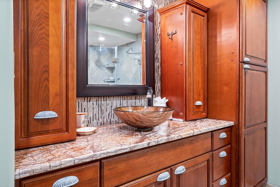 Guest bath with vessel sink and upgraded touches