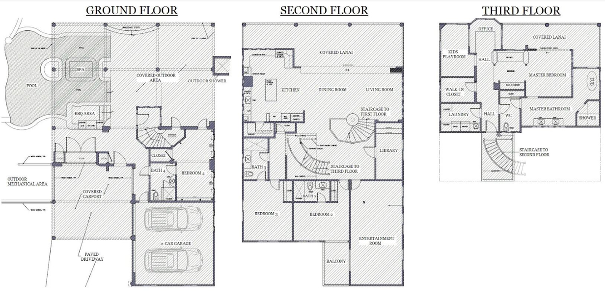 Complete floor plan for Mermaid Cove—visualize your space across three levels of luxe oceanfront living.