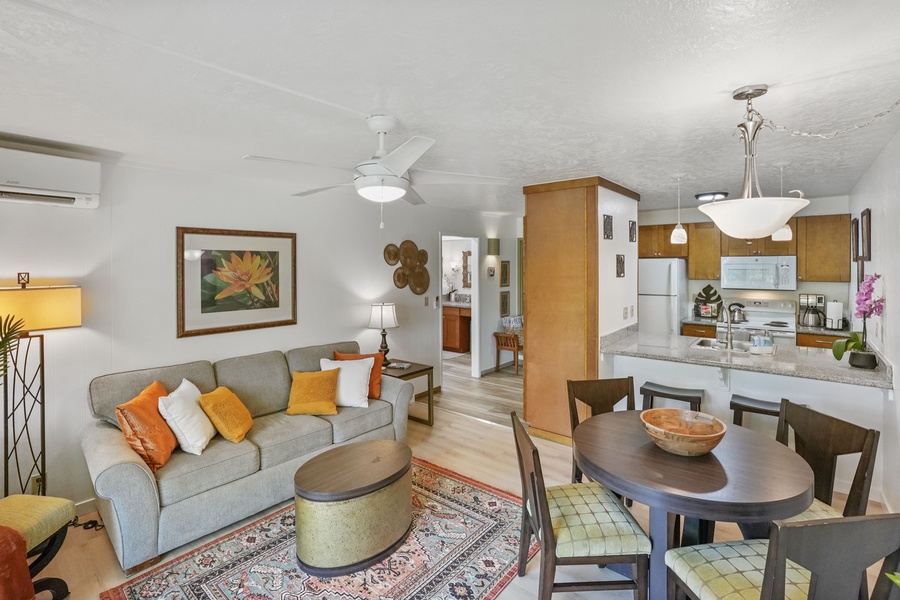 Thoughtfully updated with tropical flair, this breezy space combines comfort and convenience for the perfect Kauai getaway.