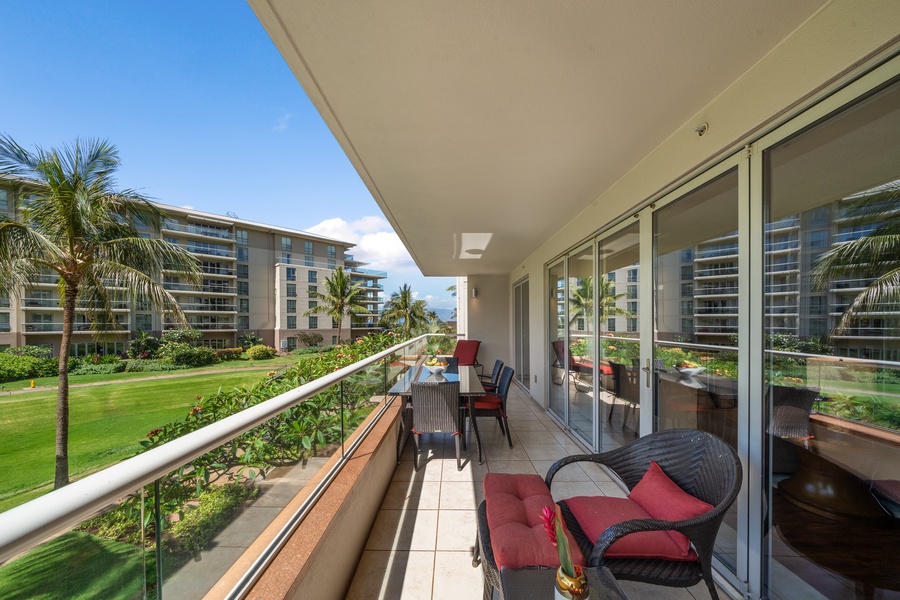 Spacious and private, Honua Kai Konea 204’s lanai delivers elevated outdoor living with lush resort views.