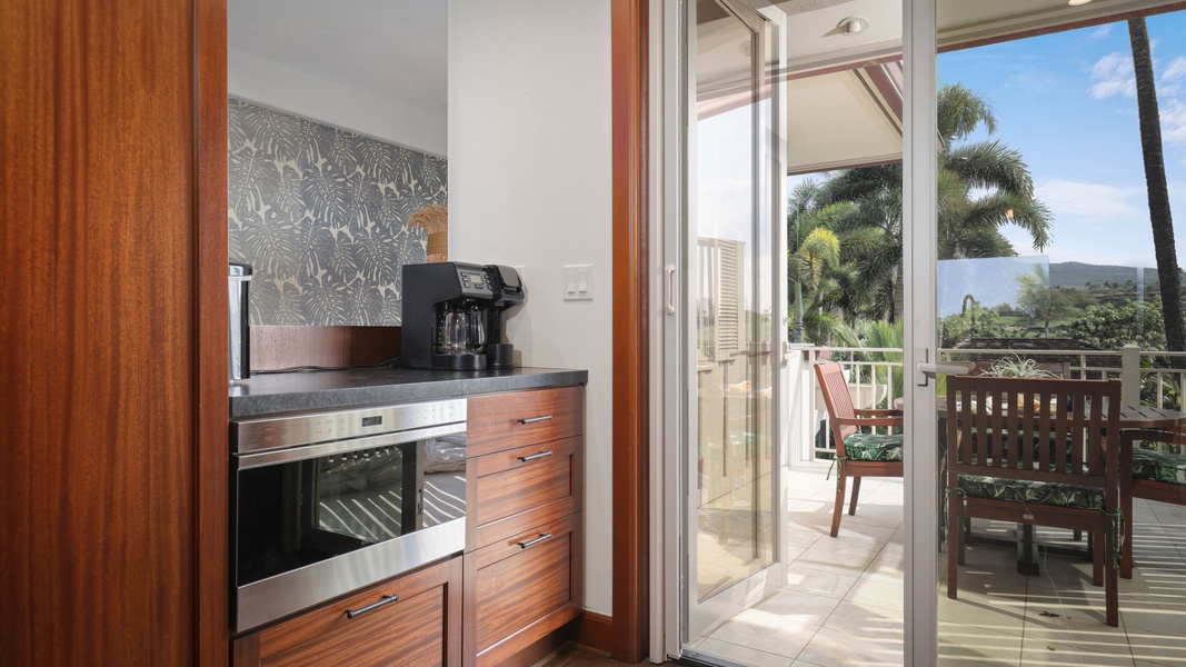 Convenient coffee bar with charming artwork and essentials to jumpstart your day.