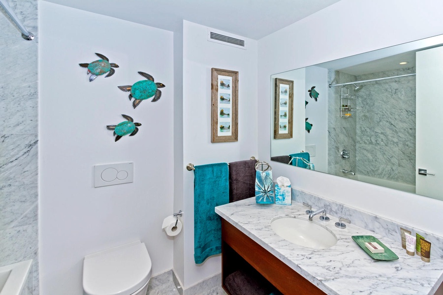 Guest bathroom with bathtub and shower combination.