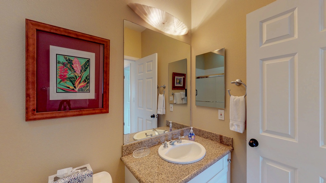 The guest bathroom on the second floor is a full bathroom.