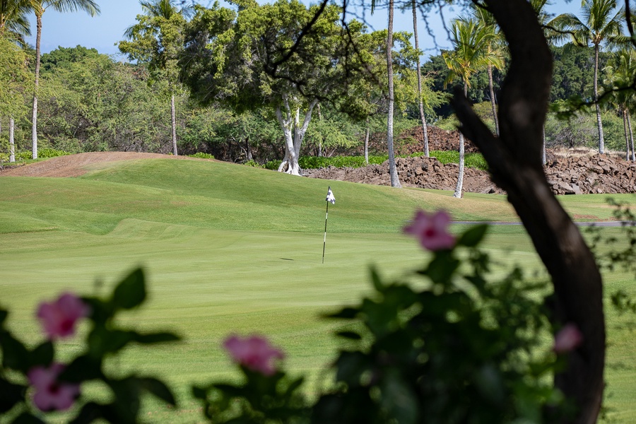 The home is set back into tropical privacy with a stunning main lania view of the #11th hole of Mauna Lani's North Course.