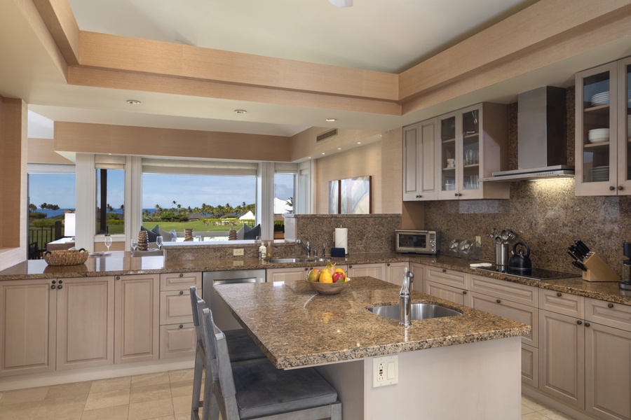 Spacious modern kitchen, highlighting the views