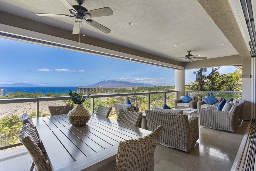 Take in panoramic ocean views from the spacious lanai at Wailea Luxury Residence Hoolei 23-3.