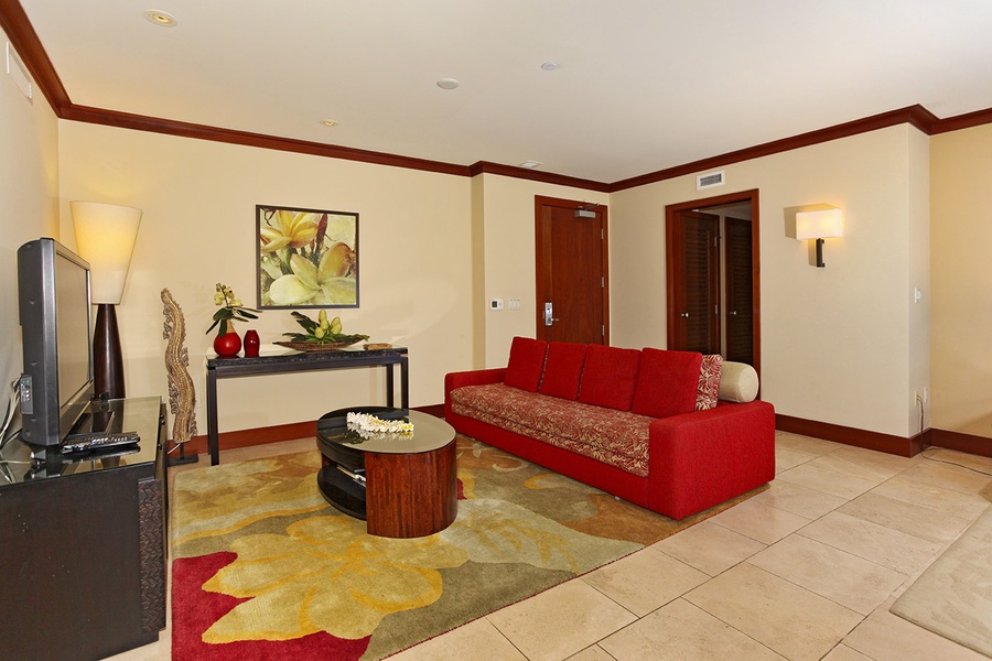 We welcome you to the island with vibrant living room decor.