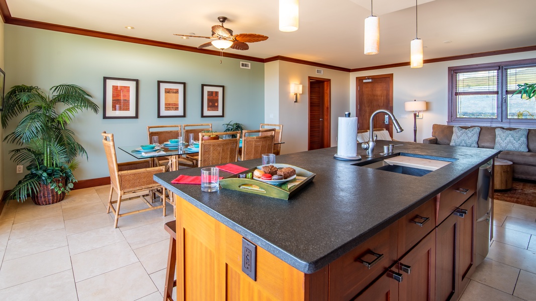 The kitchen island makes for an easy space for entertaining guests.