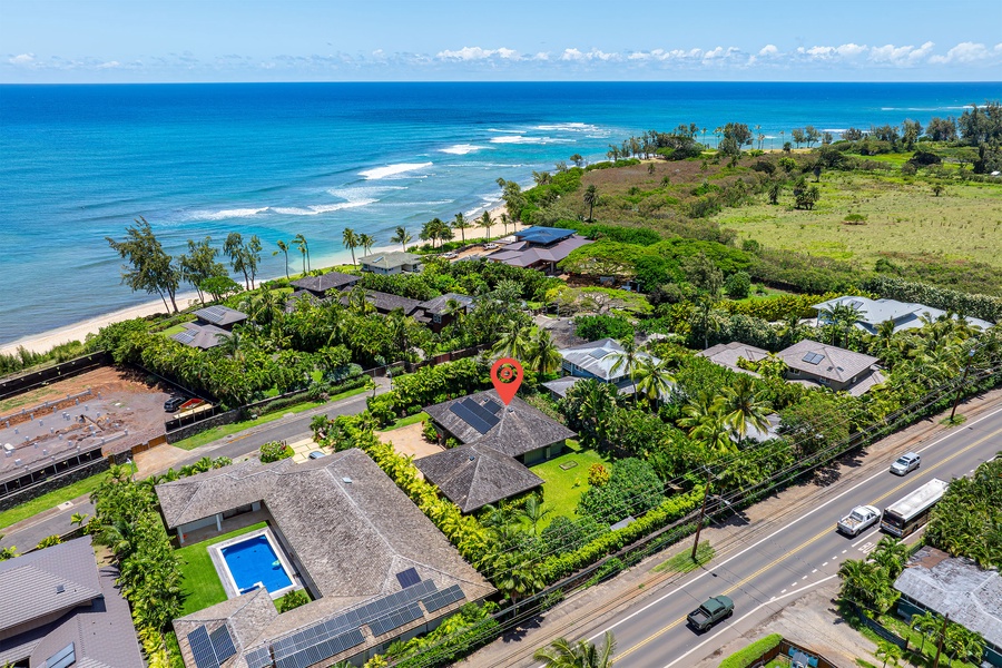 Aerial view of Kaunala Retreat with beach proximity and gated community privacy.