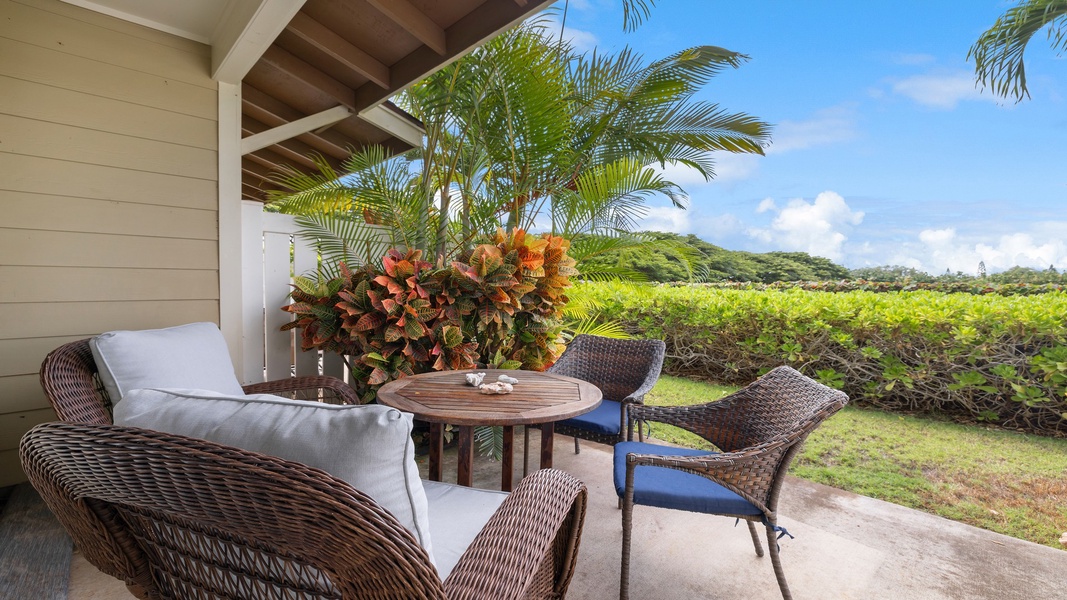 Enjoy your morning coffee or an evening glass of wine on the private lanai overlooking tropical gardens and resort greenery.