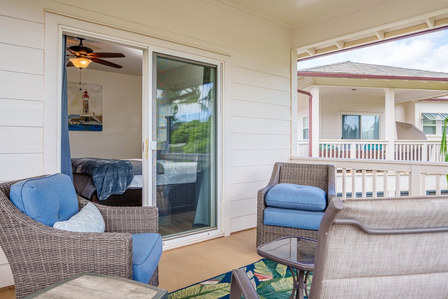 The primary bedroom's view from the upstairs lanai.