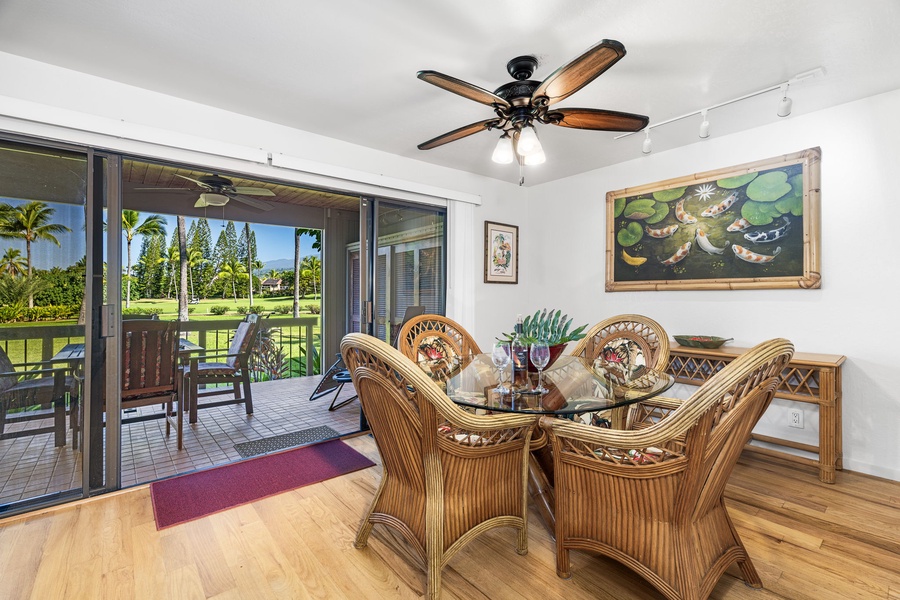 Gather around your tropical dining table where island-style meals become memorable moments, with golf course views framing every conversation.