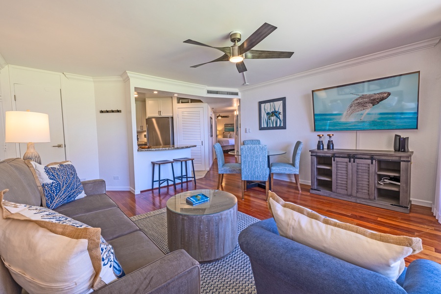 Airy living space at Kaanapali Shores 213, with easy flow to the kitchen and dining area.