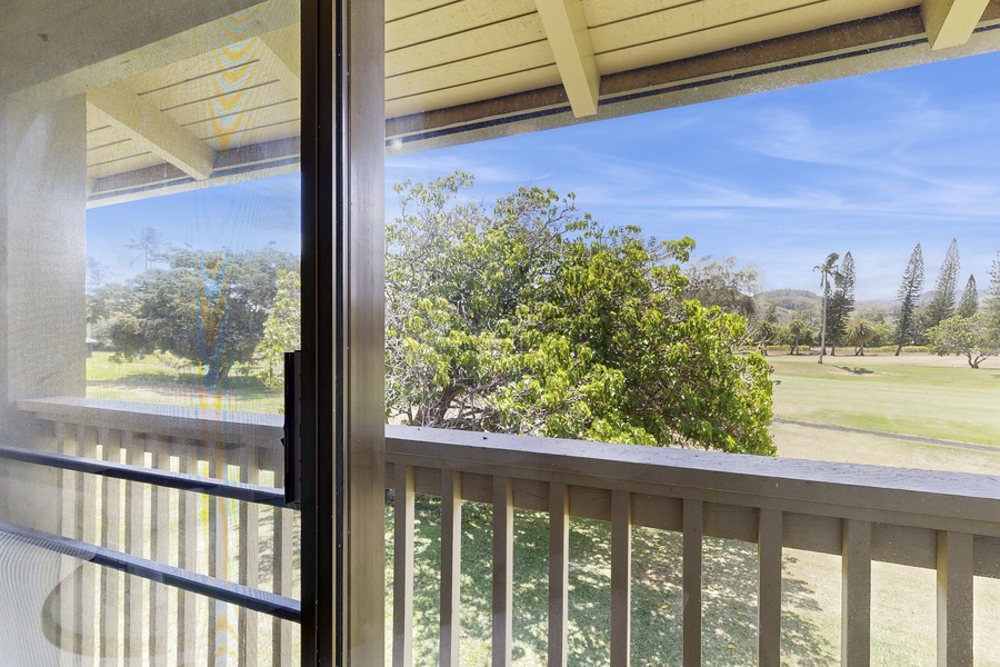 Lanai overlooking greenery and peaceful views.