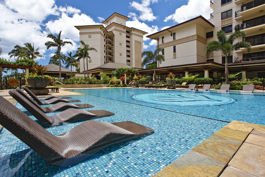 The heated lap pool with custom lounge chairs and crystal blue waters.