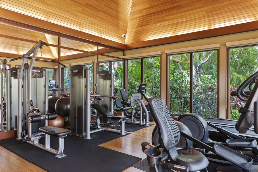 The community has a gym with large windows for relaxing views.