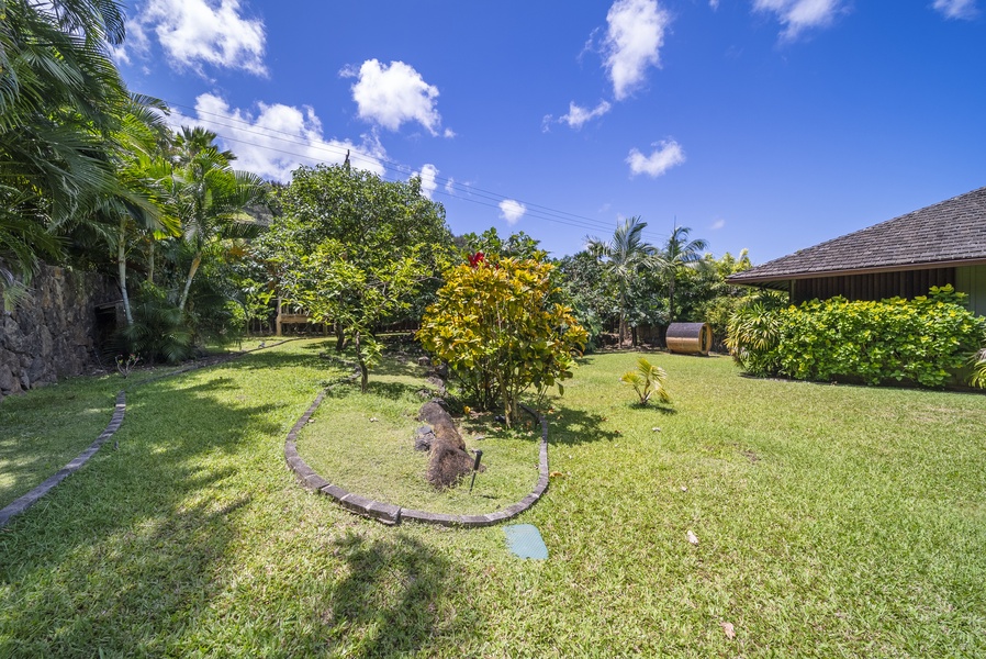 Expansive backyard with mature fruit trees, lush lawn, and vibrant tropical landscaping.