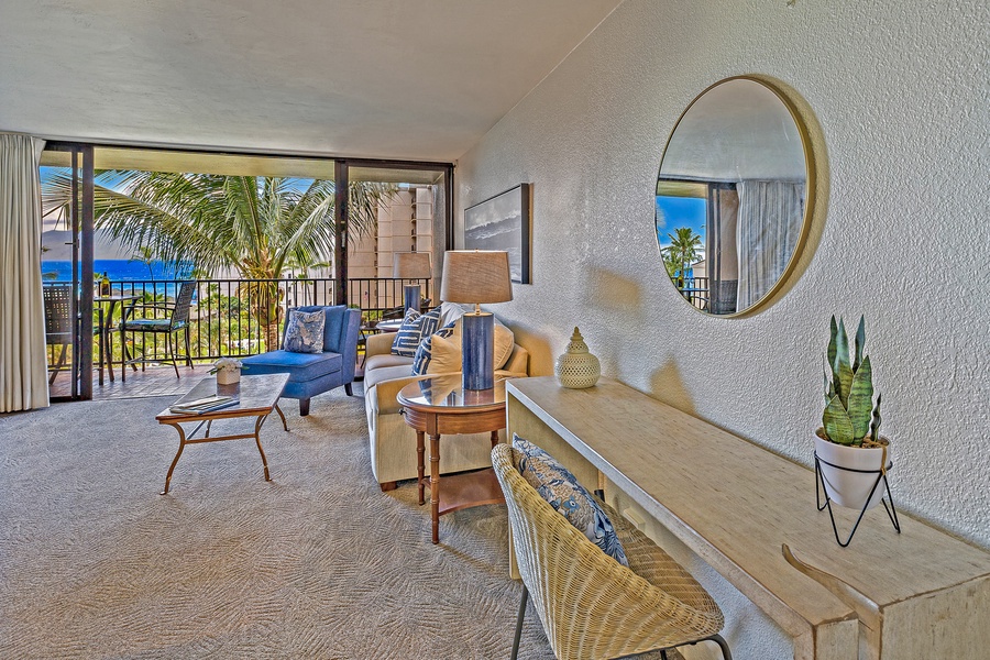 Work from paradise at Kaanapali Shores 544—stylish desk nook with a comfy seat and tropical views.