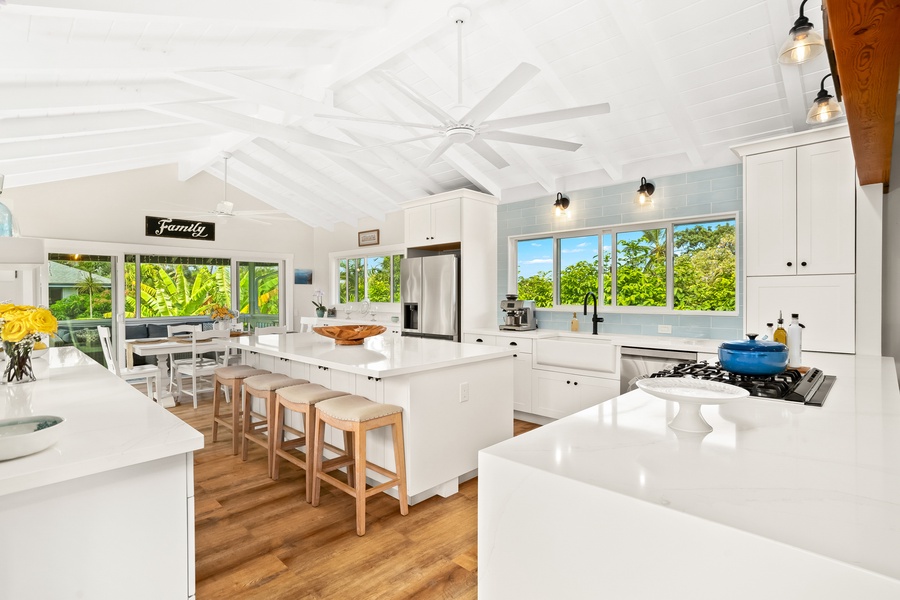 Cook together in this well-equipped kitchen while staying connected with family in the open layout.