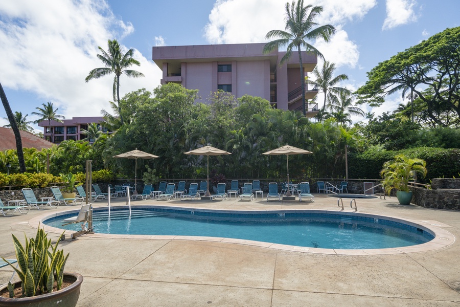 The community pool has chaise loungers.