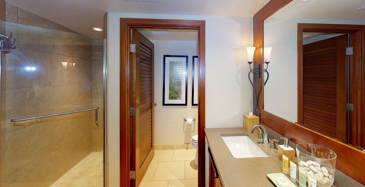 The primary guest bathroom with a walk-in shower and separate water closet .