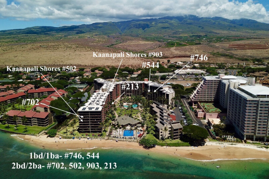 An aerial view of Kaanapali Shores, highlighting the prime location of select units with direct access to the beachfront.