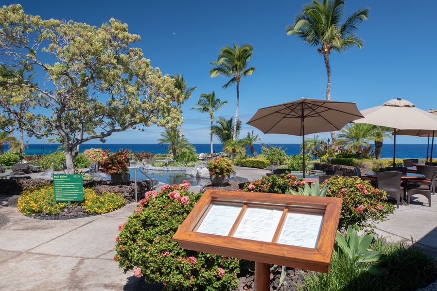 Attractive menu at the Hali'i Kai Ocean Club Bar & Grille, one of the only private restaurants on the island.