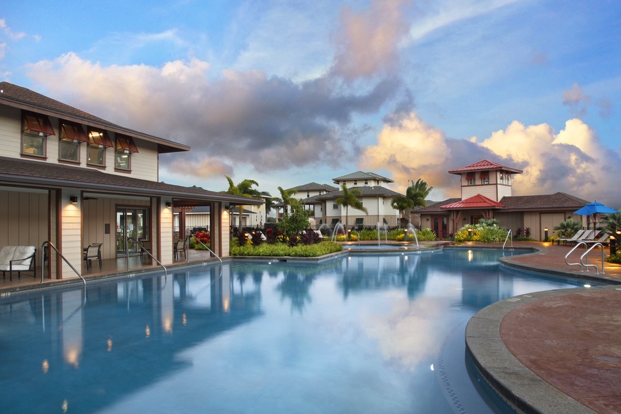 Sparkling waters with lounge chairs nearby.