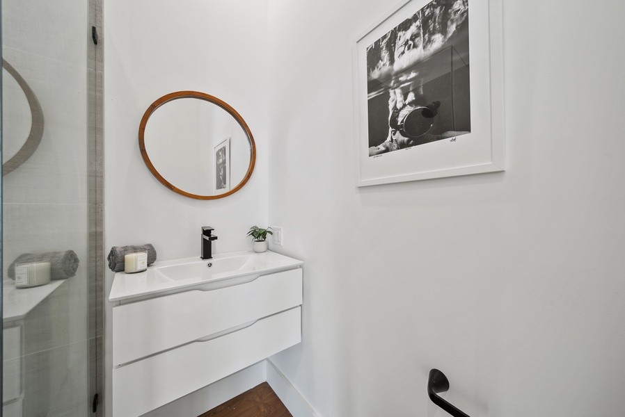 The sleek vanity area is perfect for getting ready before heading out to explore.