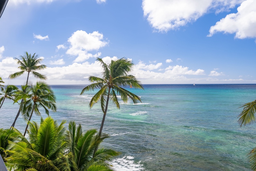 Breathtaking view of turquoise waters and palm trees, perfect for enjoying tropical breezes and sunshine.