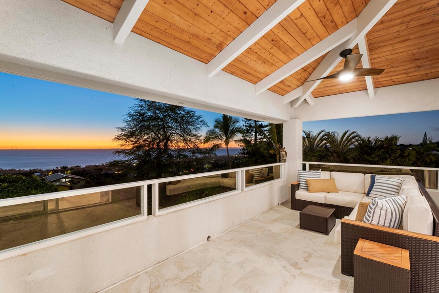 Sunset views from the privacy of the primary suite’s lanai—ideal for stargazing or unwinding with a cocktail.