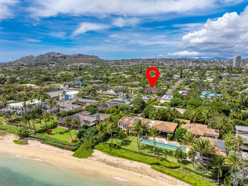 Aerial view marking the villa’s location within a peaceful neighborhood, close to the beach and local amenities.