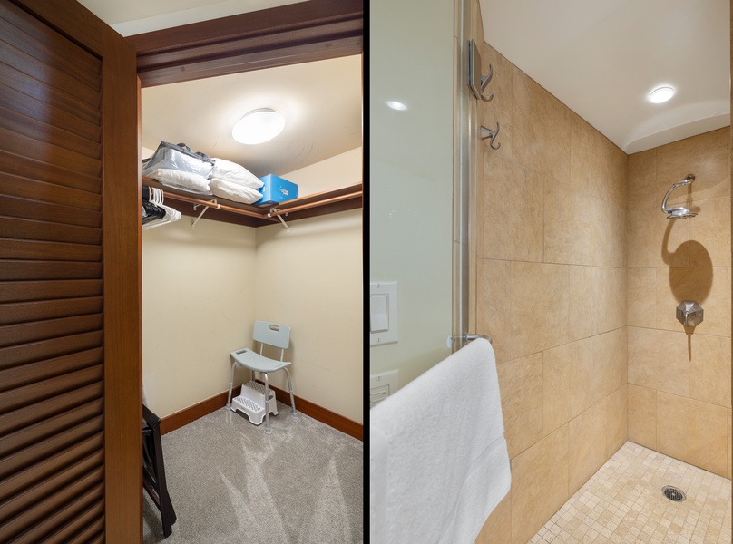 Your private bathroom features a spacious walk-in shower with modern fixtures and convenient storage space for all your belongings.